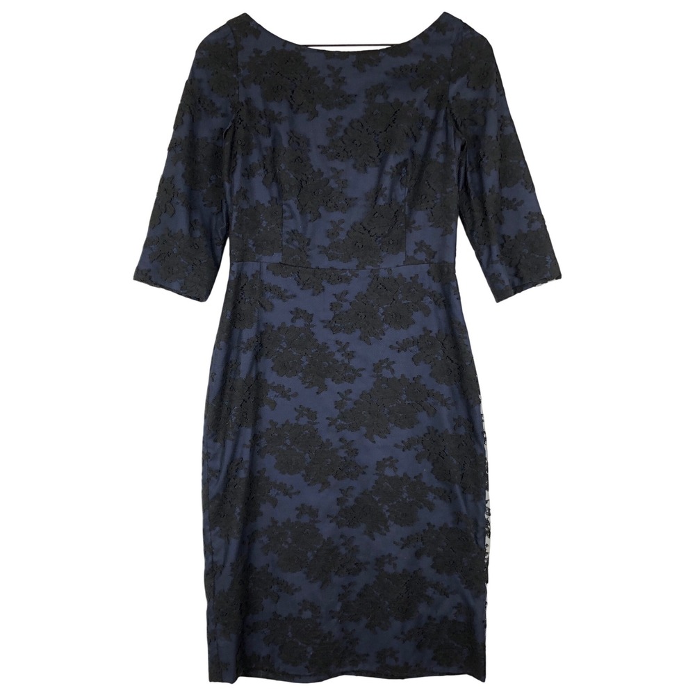 TULEH Lace Overlay Sheath Cocktail Dress Sz 6 Blue‎ Black Overlay Half Sleeve
